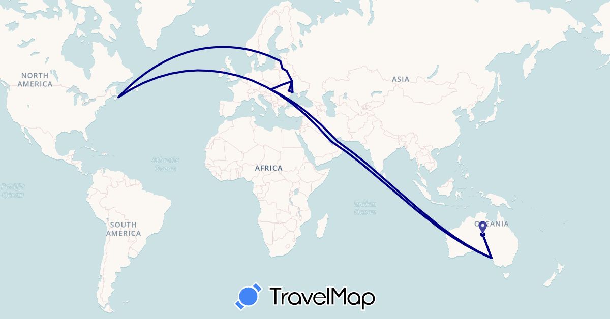 TravelMap itinerary: driving in United Arab Emirates, Australia, Belarus, Canada, Hungary, Ireland, Lithuania, Latvia, Moldova, Ukraine (Asia, Europe, North America, Oceania)